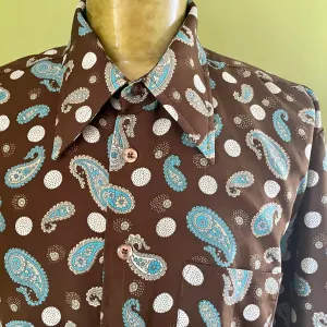1970's Men's Paisley Brown Blue Print S/S Shirt Sz XL - OOAK