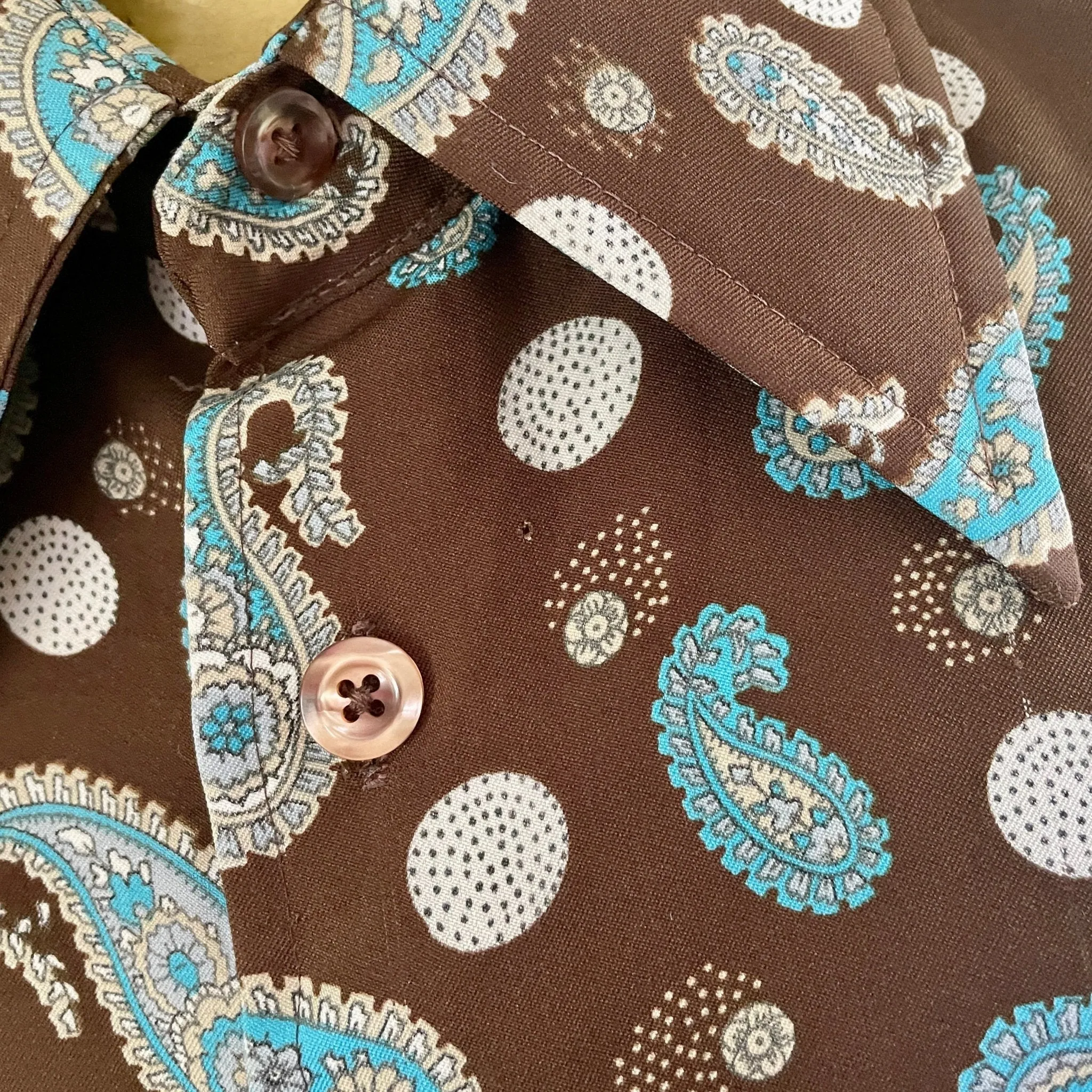 1970's Men's Paisley Brown Blue Print S/S Shirt Sz XL - OOAK