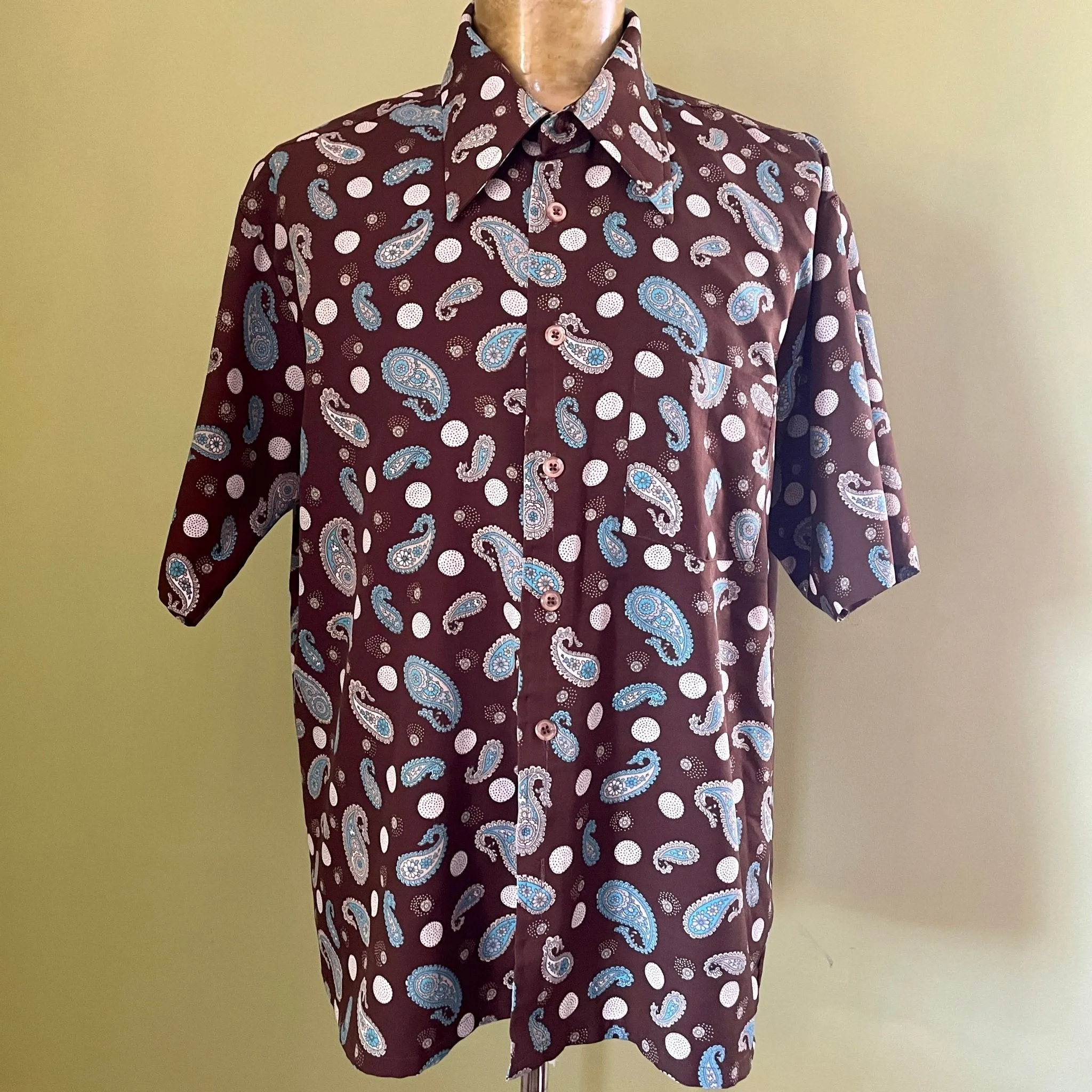 1970's Men's Paisley Brown Blue Print S/S Shirt Sz XL - OOAK