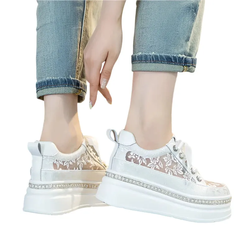 2024 Women's Elastic Chunky Ankle Boots – 7cm Air Mesh Comfy Summer Sneakers & Fashion Vulcanized Pumps