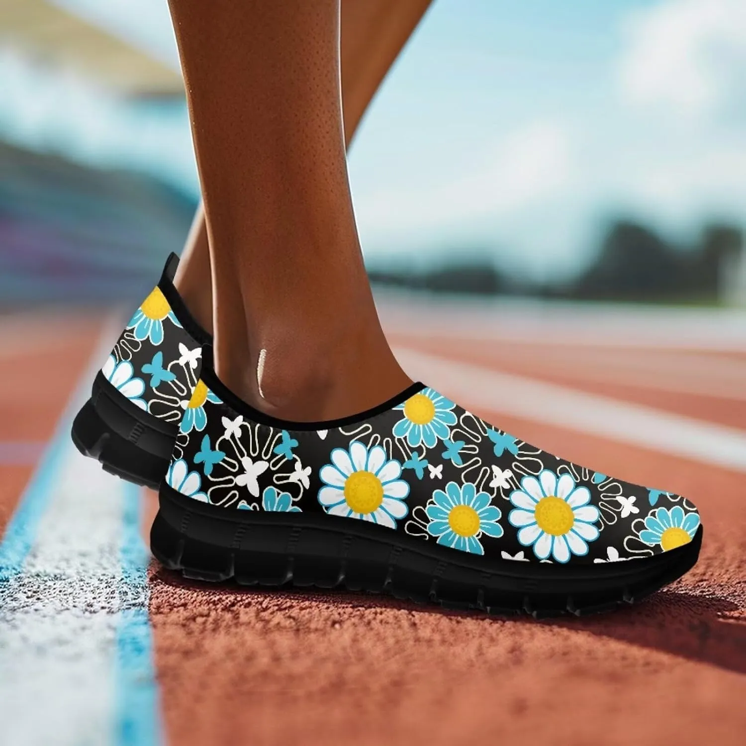 Art Pattern Walking Shoes for Women Slip On Casual Mesh Loafers Lightweight Comfort Ladies Fashion Sneaker for Outdoors Black US Size 5.5-11.5
