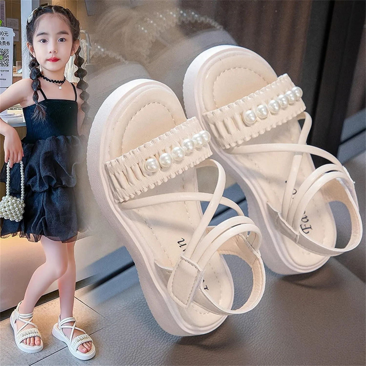 Big Kids Girl Fashion Sandals Summer Pearl Roman Princess Shoes Bottomed Non Slip Daily With Dress Classic Soft Sole Flat