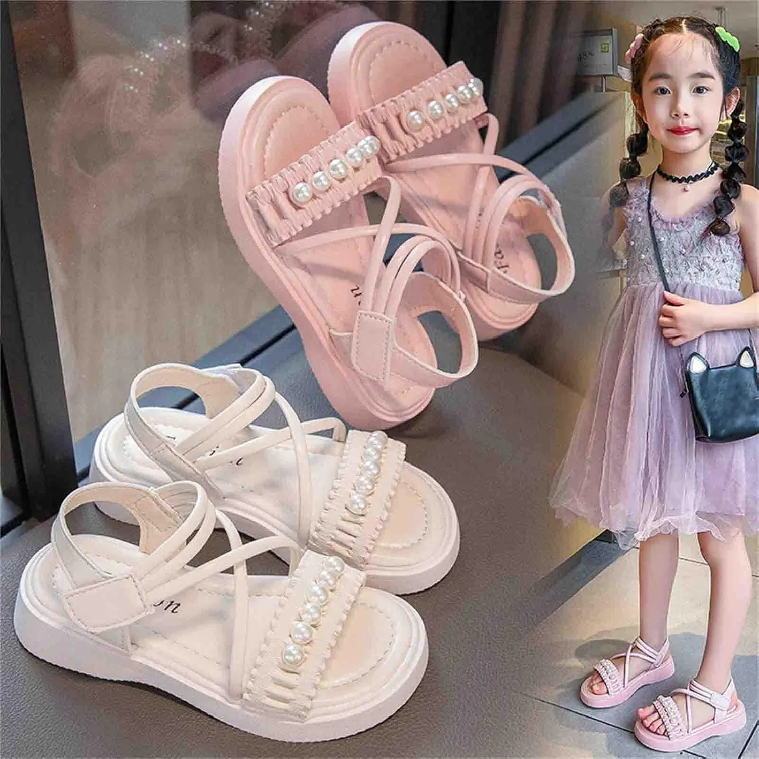 Big Kids Girl Fashion Sandals Summer Pearl Roman Princess Shoes Bottomed Non Slip Daily With Dress Classic Soft Sole Flat