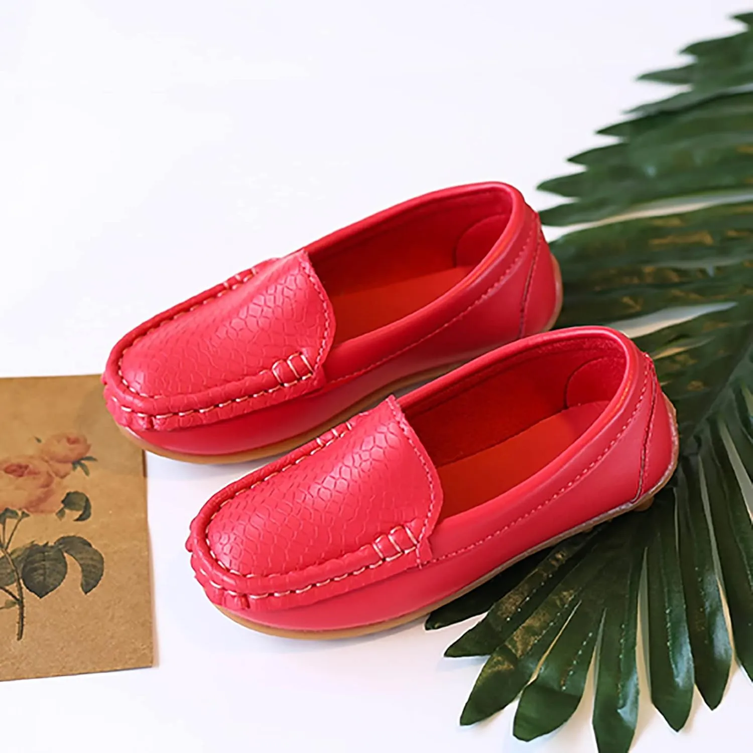Boys Girls Leather Loafers Soft Slip-On Texture Flat Boat Dress occasin Schooling Daily Casual Walking Shoes