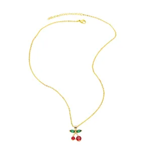 Cherry Crystal Pendant Necklace  Dainty Gold Chain with Red & Green Accents