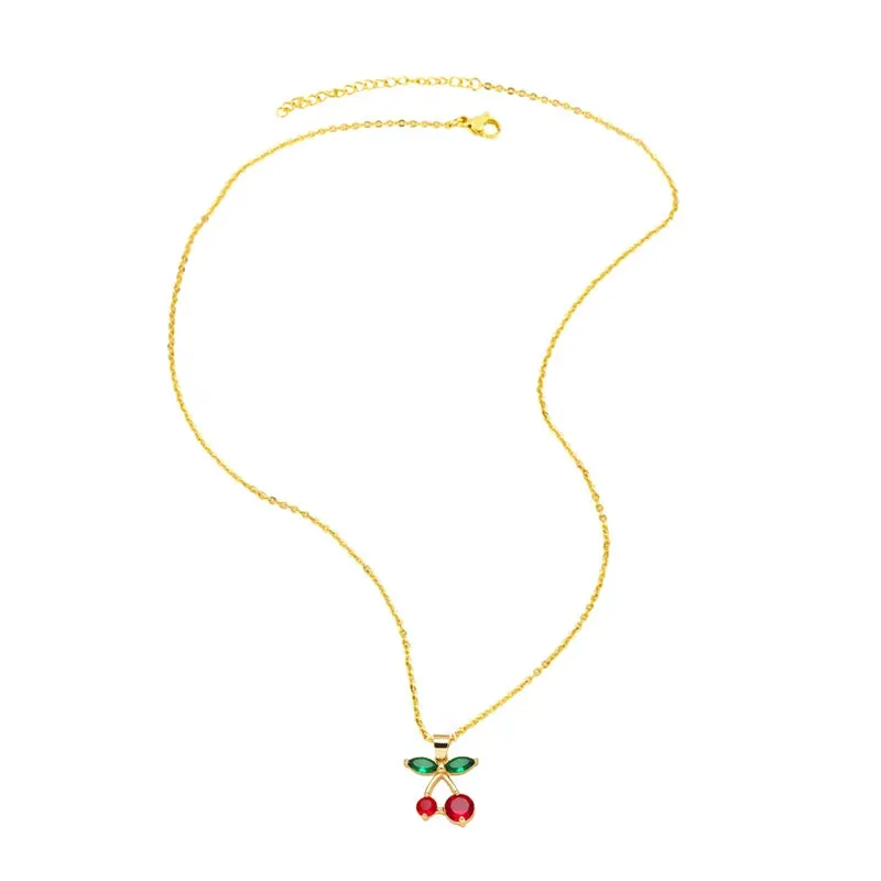 Cherry Crystal Pendant Necklace  Dainty Gold Chain with Red & Green Accents