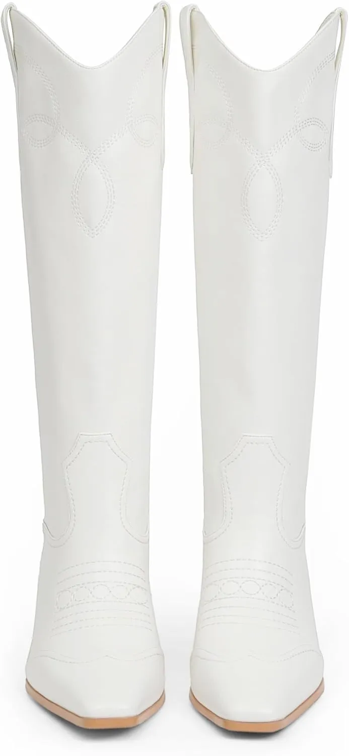 Cowgirl Boots for Women Square Toe Western Cowboy Boots Knee High Chunky Heel Pull On Tall Boots