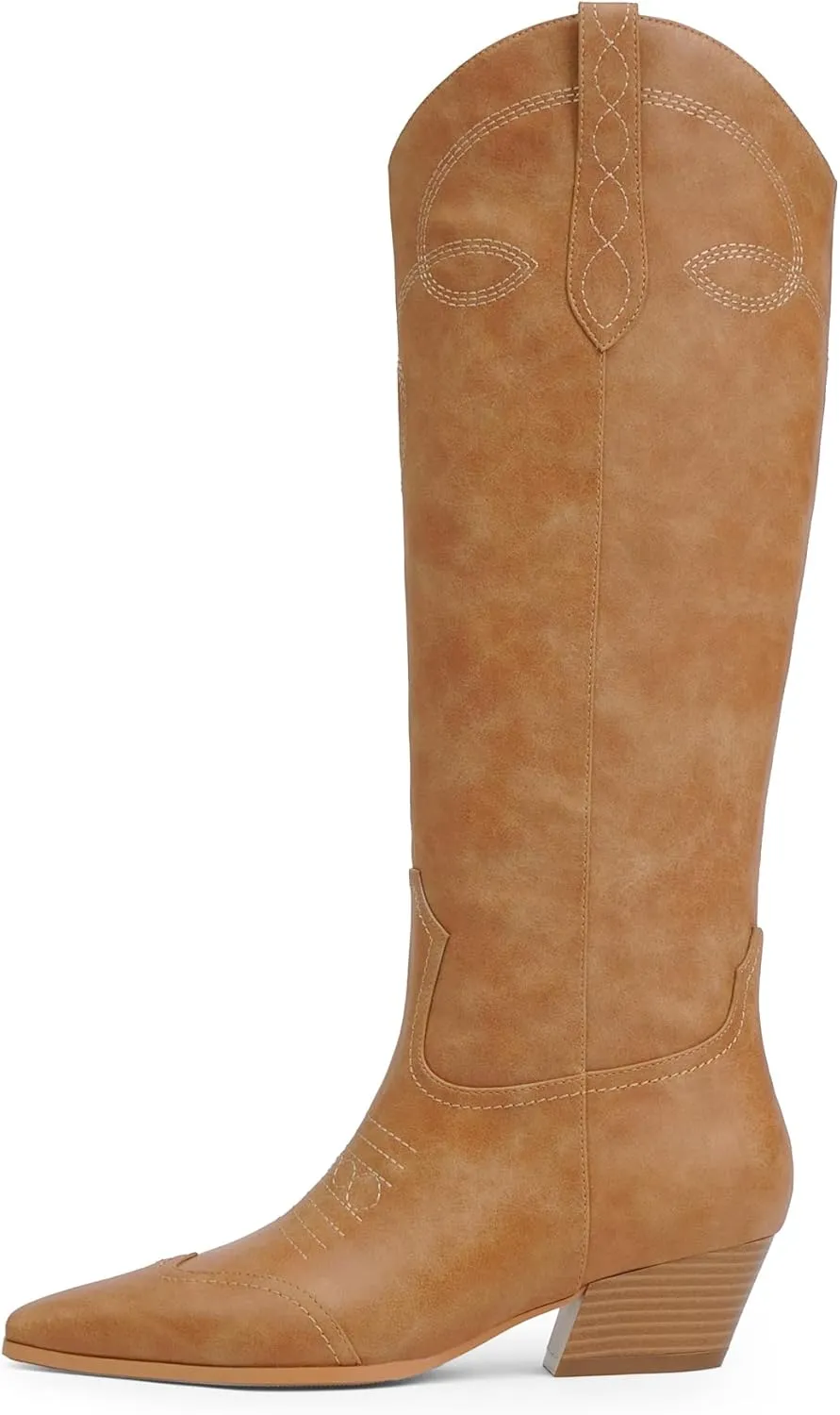 Cowgirl Boots for Women Square Toe Western Cowboy Boots Knee High Chunky Heel Pull On Tall Boots