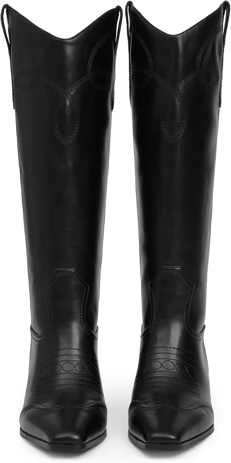 Cowgirl Boots for Women Square Toe Western Cowboy Boots Knee High Chunky Heel Pull On Tall Boots