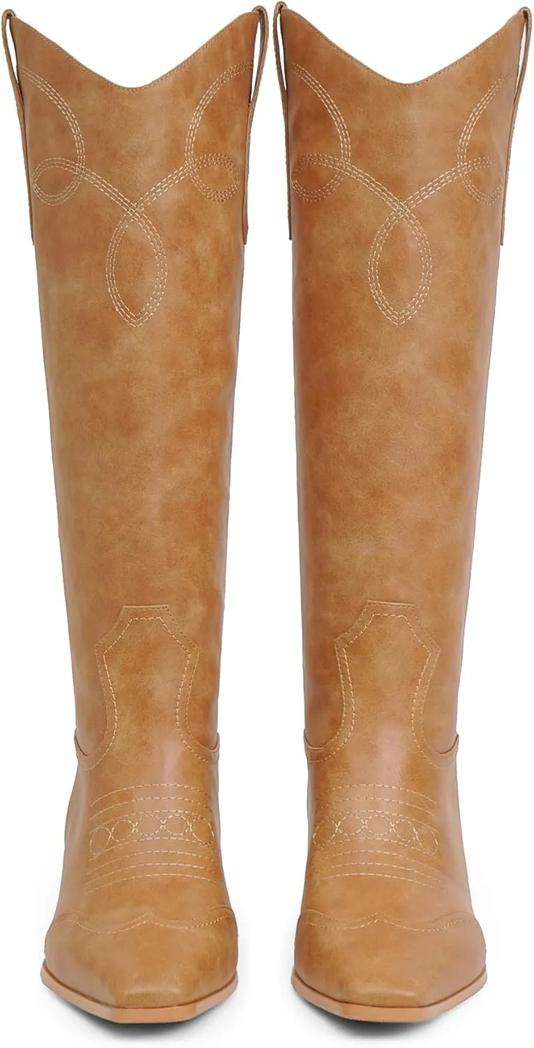 Cowgirl Boots for Women Square Toe Western Cowboy Boots Knee High Chunky Heel Pull On Tall Boots