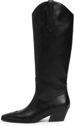 Cowgirl Boots for Women Square Toe Western Cowboy Boots Knee High Chunky Heel Pull On Tall Boots