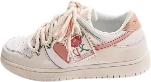 Cute Vintage Campus Sneakers for Girls, Heart Patern, Pink Pastel Pendant, Y2K Low-top Retro Casual Shoes, Double Color Laces