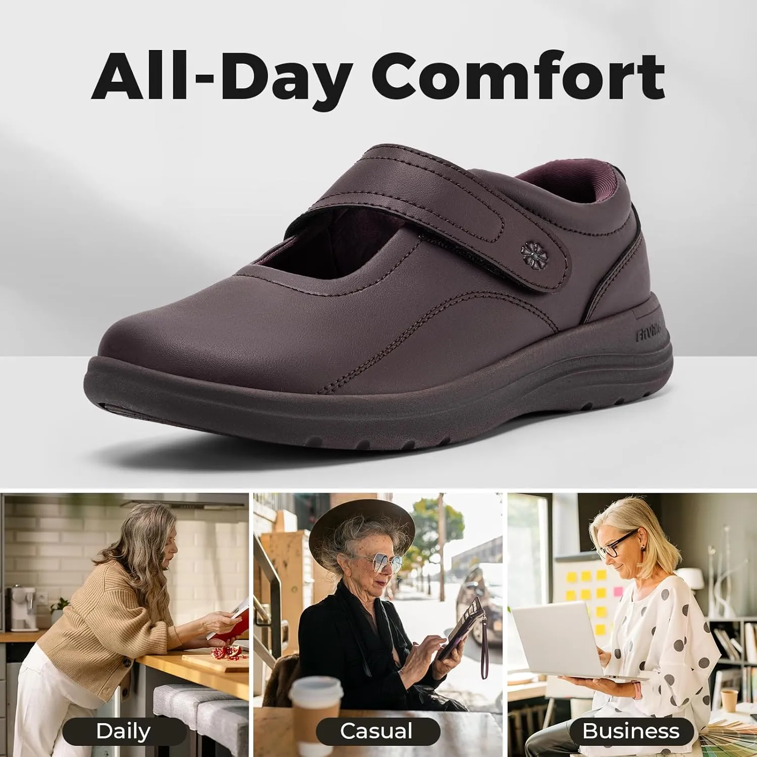 FitVille Women Wide Classic Mary Jane Shoes Flats Casual Dress Shoes Lightweight Comfort Walking Shoes for Plantar Fasciitis Bunions