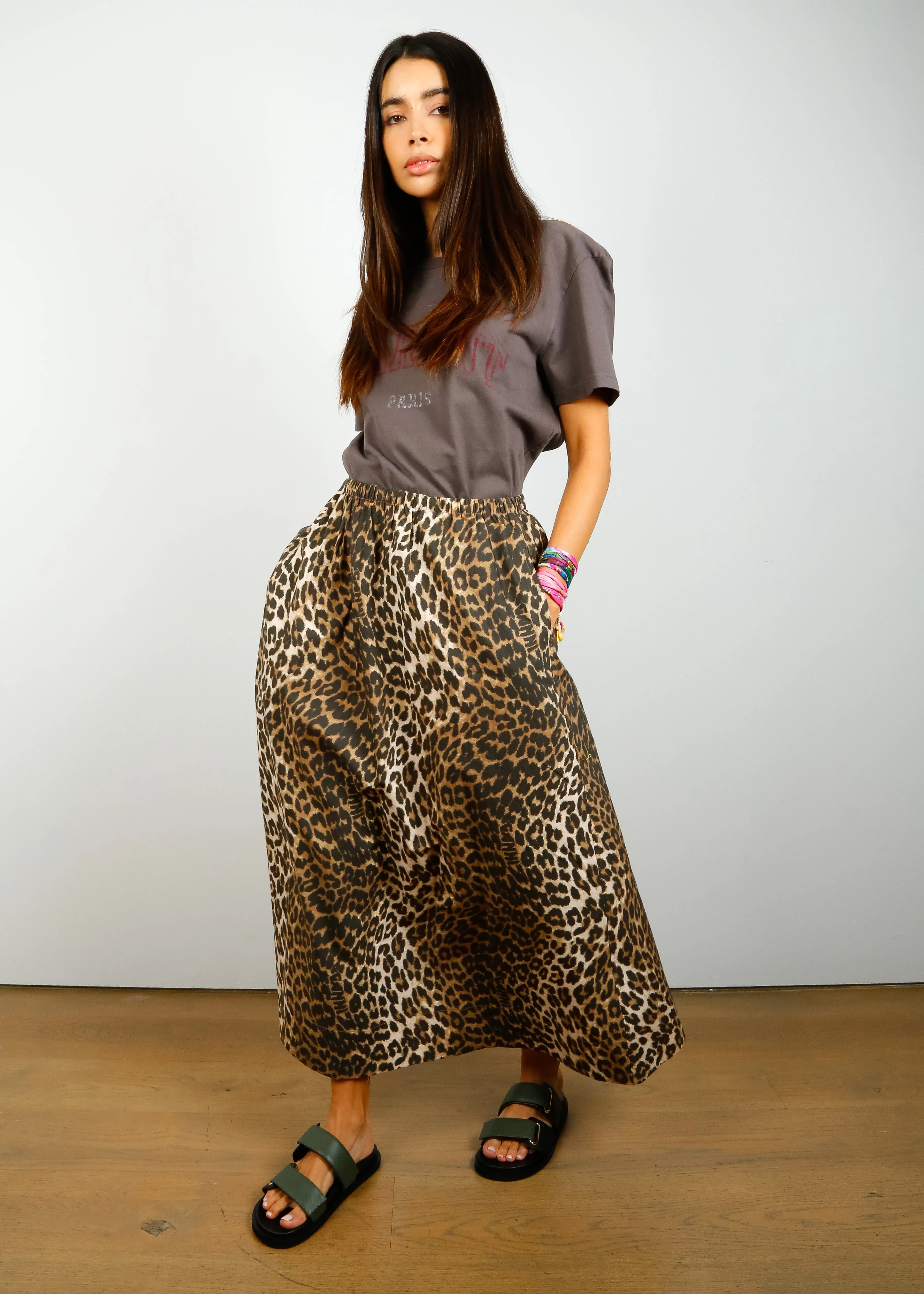 GANNI F7727 Elasticated Maxi Skirt in Leopard