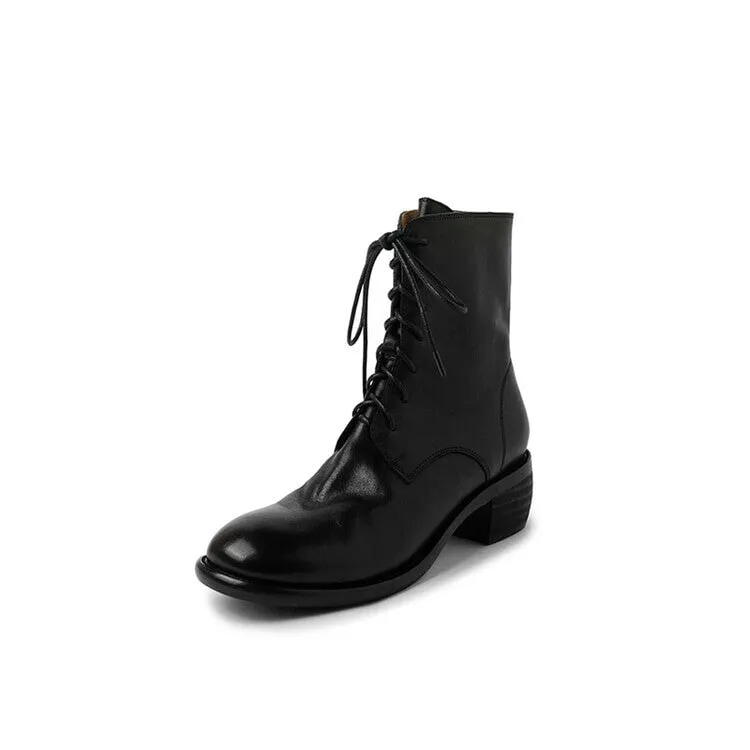 Handmade Fashion Martin Boots Women Genuine Leather Lace-Up Oxfords Round Toe Chunky Ankle Booties Back Zipper Black/Brown