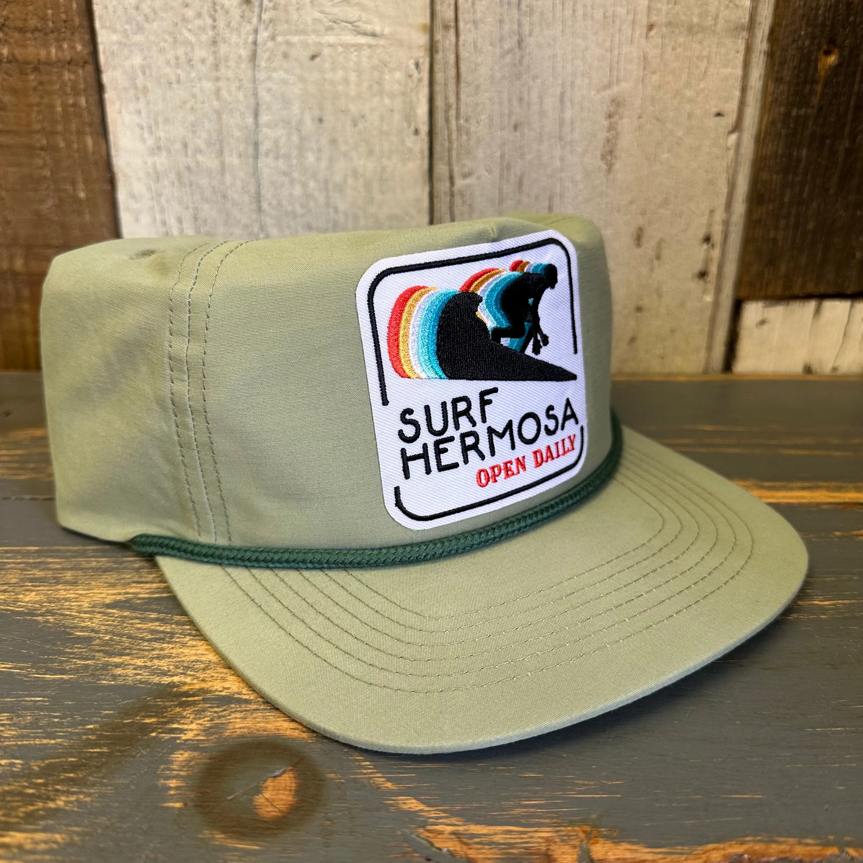 Hermosa Beach SURF HERMOSA :: OPEN DAILY Nylon/Cotton Blend Hat - Light Olive Green