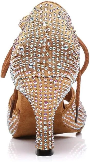 HIPPOSEUS Women's Classic Shiny Rhinestones Latin Dance Shoes - Lace up Ballroom Wedding Party Dance Performance Sandals,Model 429