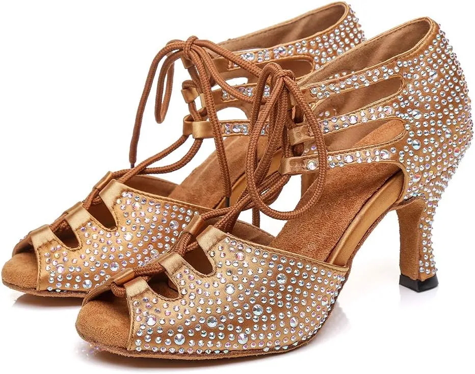 HIPPOSEUS Women's Classic Shiny Rhinestones Latin Dance Shoes - Lace up Ballroom Wedding Party Dance Performance Sandals,Model 429