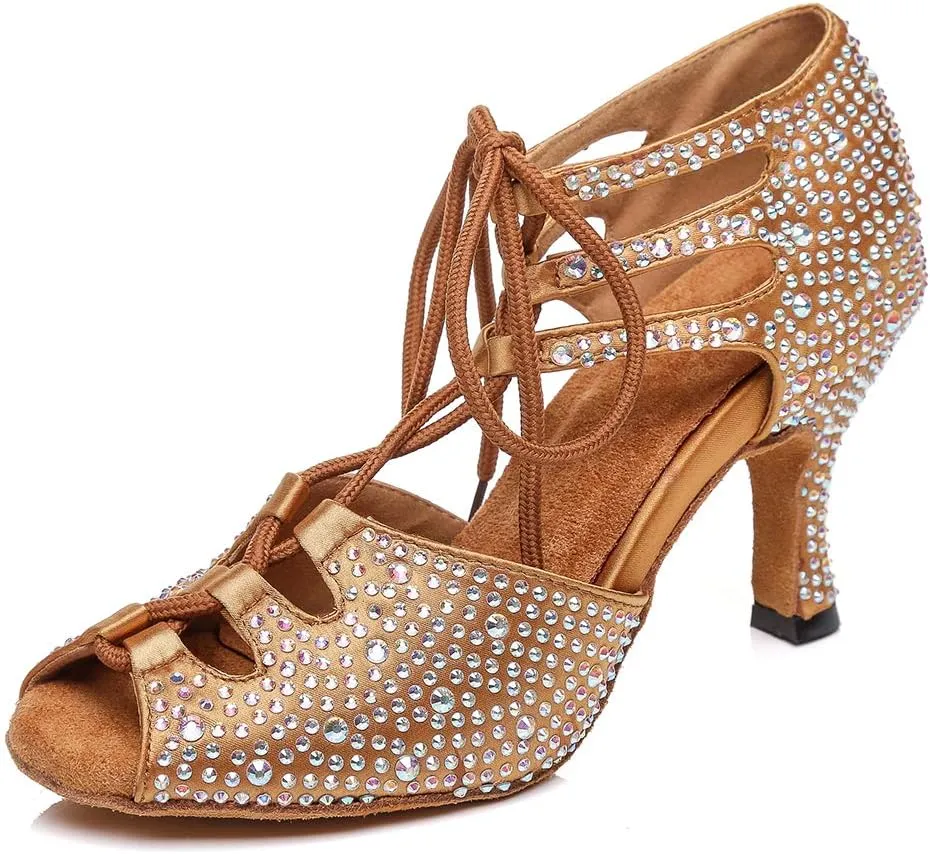 HIPPOSEUS Women's Classic Shiny Rhinestones Latin Dance Shoes - Lace up Ballroom Wedding Party Dance Performance Sandals,Model 429