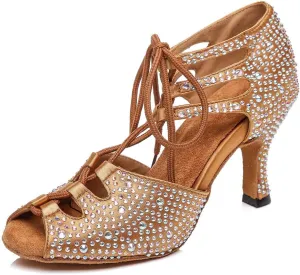 HIPPOSEUS Women's Classic Shiny Rhinestones Latin Dance Shoes - Lace up Ballroom Wedding Party Dance Performance Sandals,Model 429