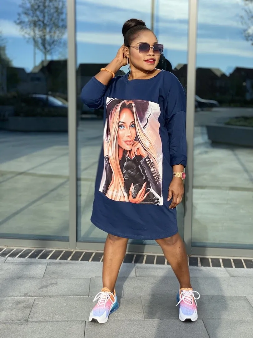Janessa Overall Dress With Sow On Face Print
