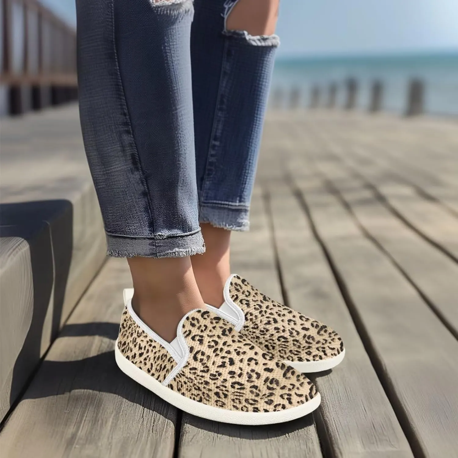 Jeiento Animal Print Casual Shoes for Women Anti-Skid Slip-On Loafers Breathable Walking Shoes