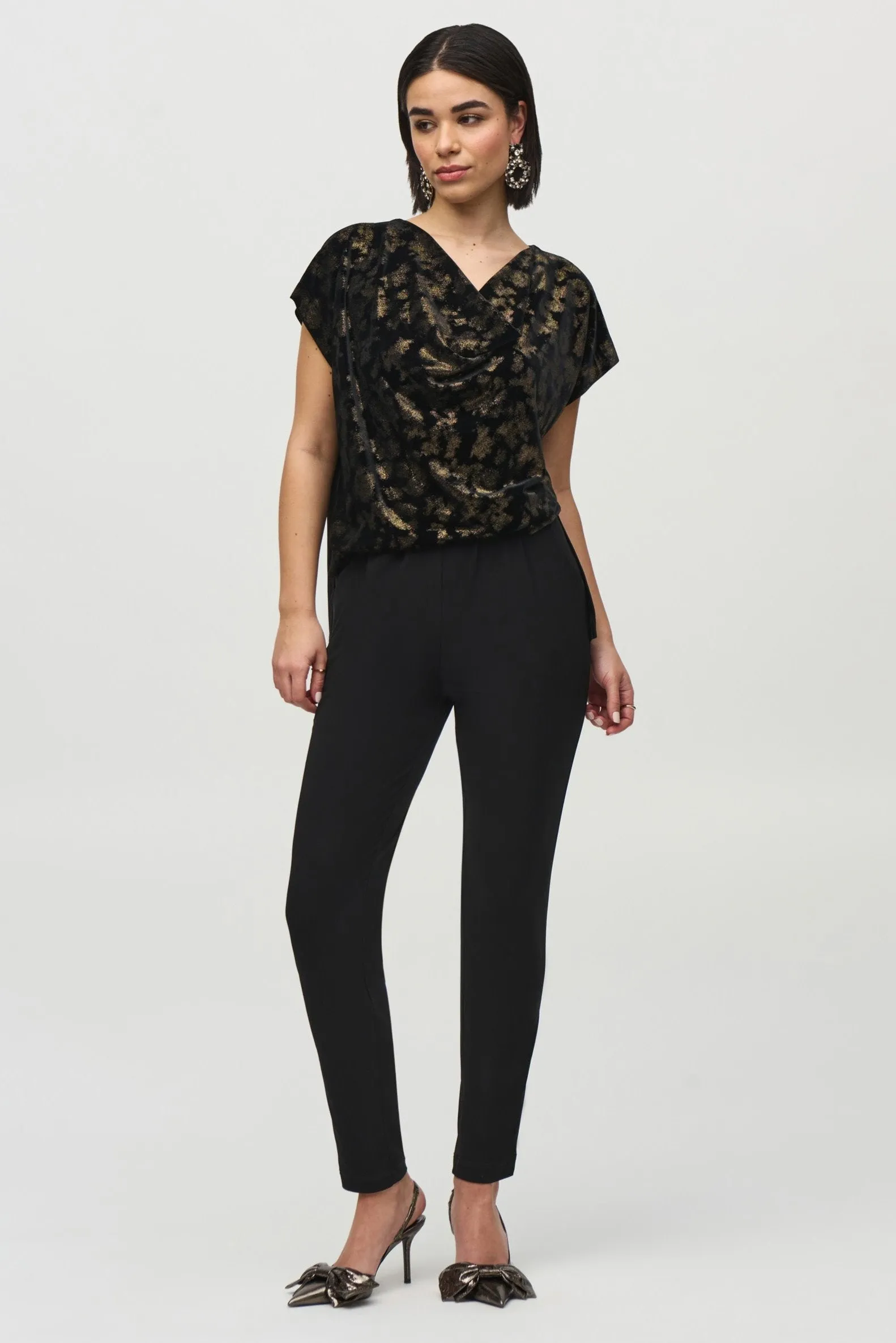 Joseph Ribkoff Foiled Velvet Jumpsuit in Black Gold 244001