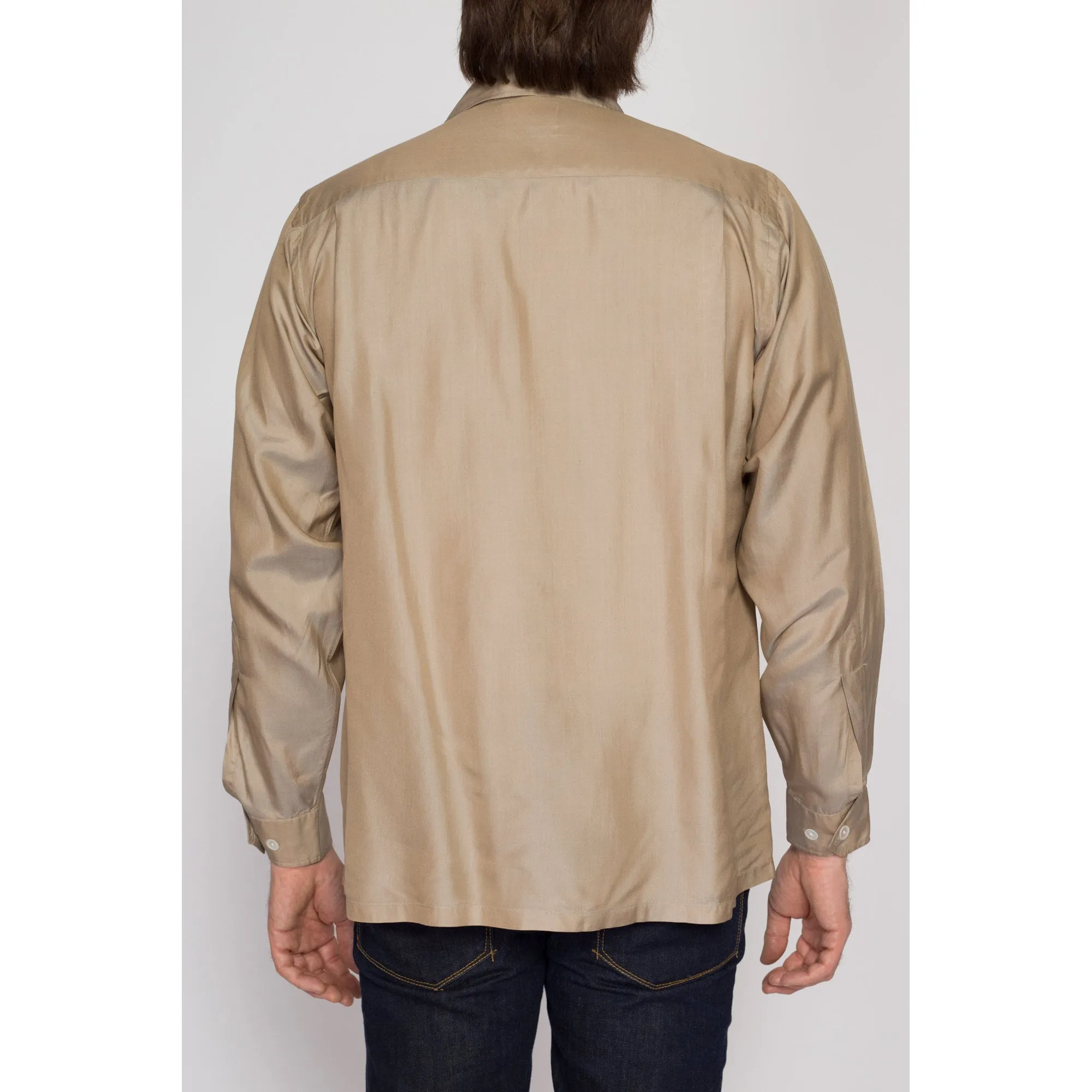 Medium 60s 70s Taupe Silk Loop Collar Shirt