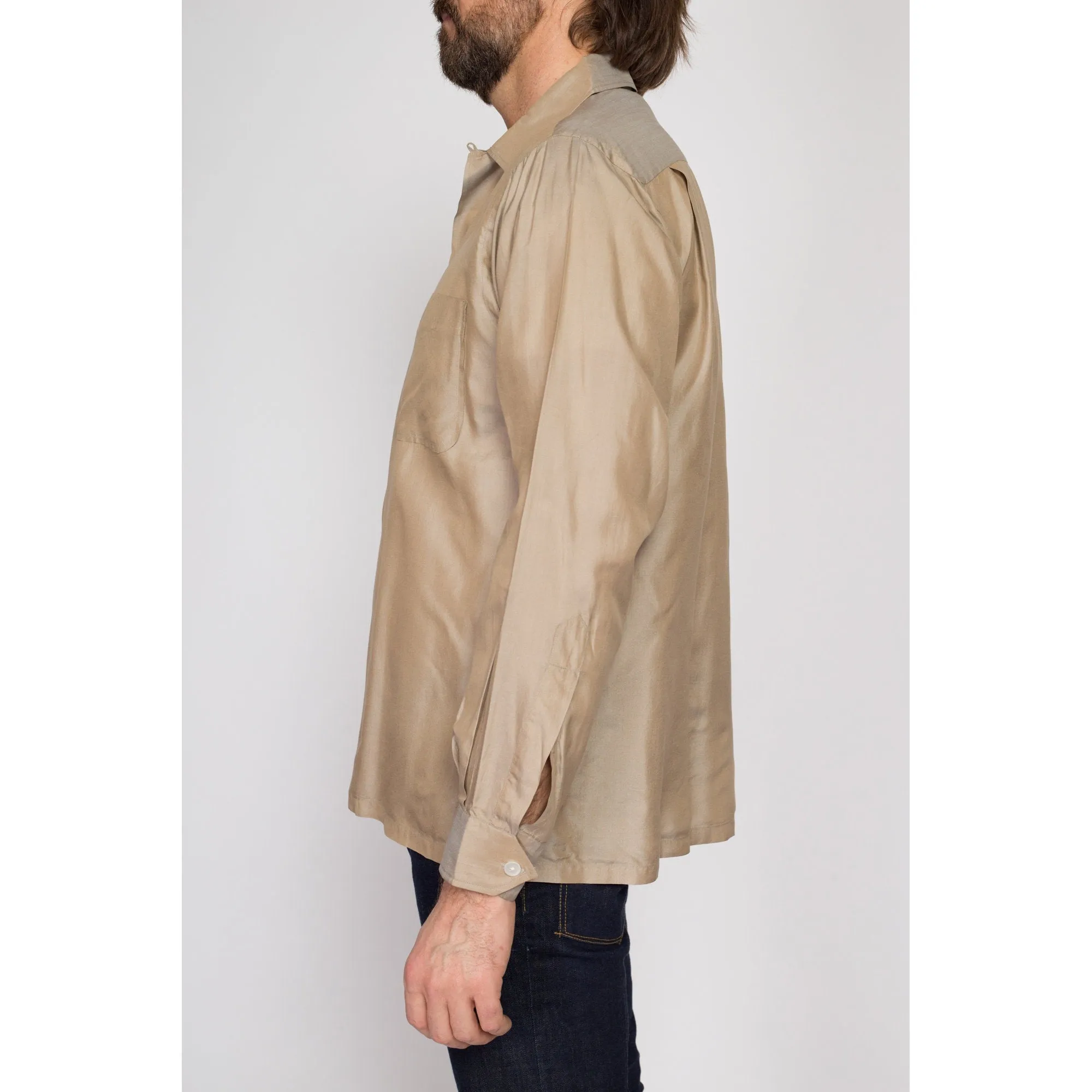 Medium 60s 70s Taupe Silk Loop Collar Shirt