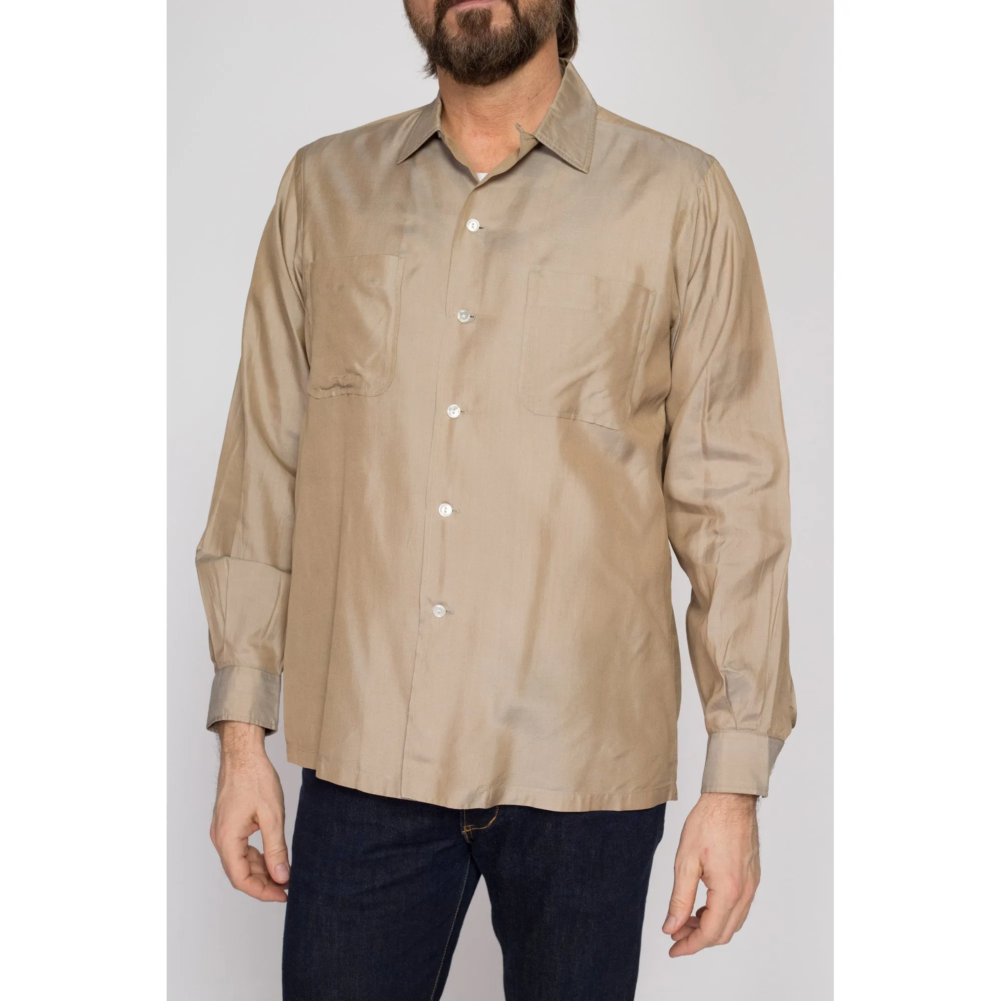 Medium 60s 70s Taupe Silk Loop Collar Shirt