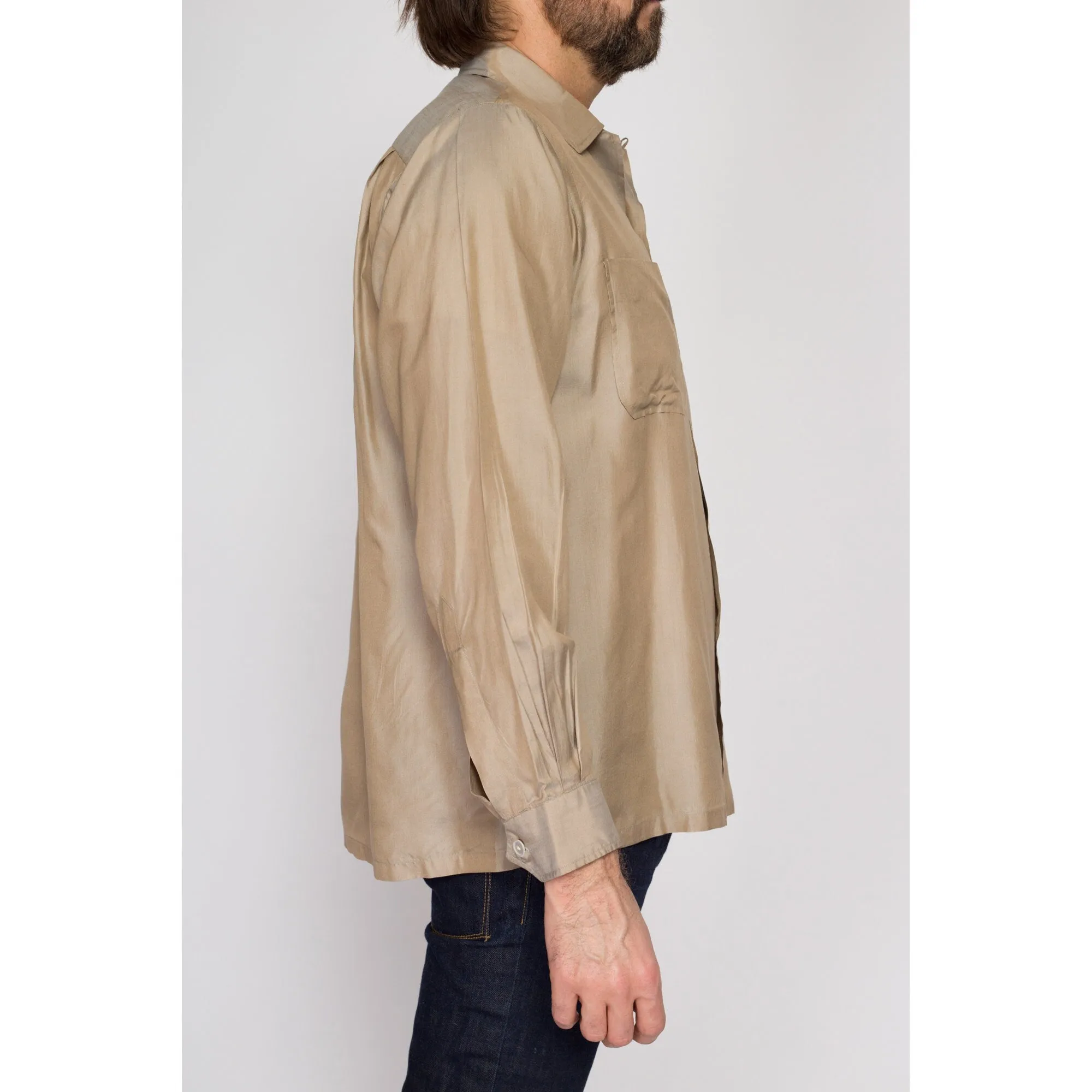 Medium 60s 70s Taupe Silk Loop Collar Shirt