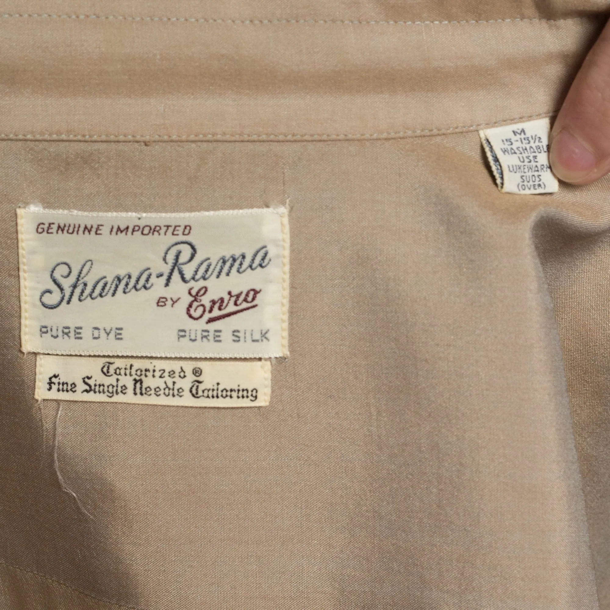 Medium 60s 70s Taupe Silk Loop Collar Shirt