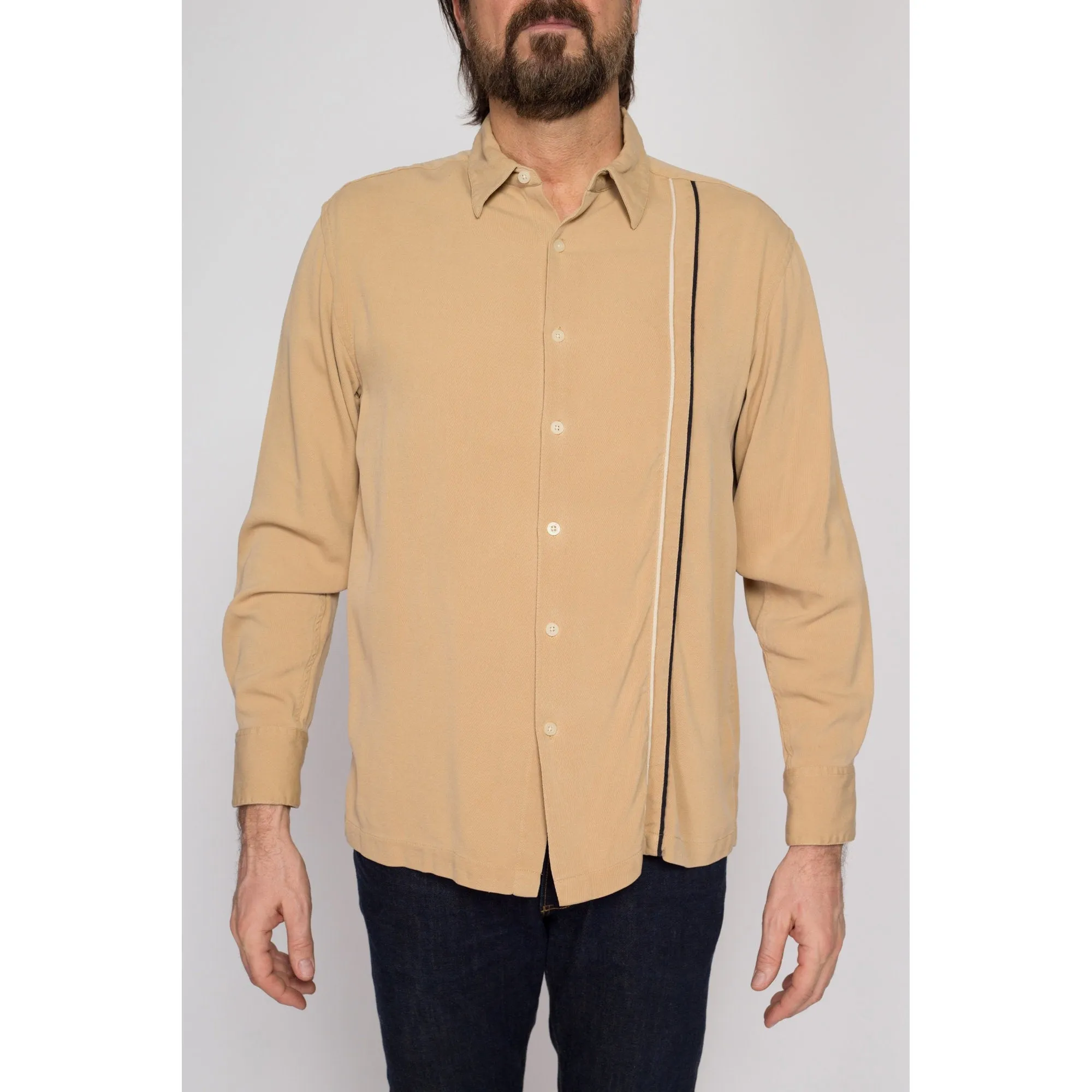 Medium 90s Geoffrey Beene Tan Ribbed Silk Shirt