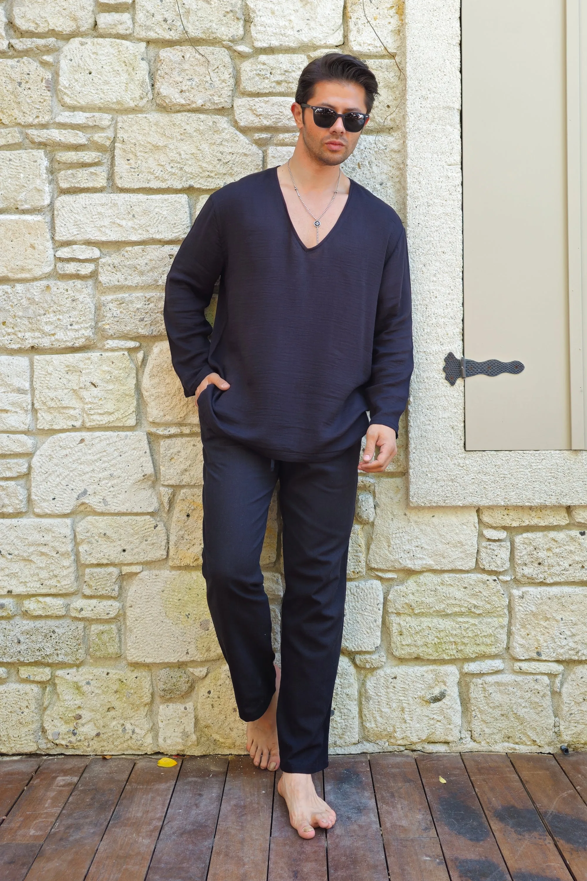 POSEIDON Eco-Friendly Linen & Cotton Blend Drawstring Pants (Black, Dark Brown)