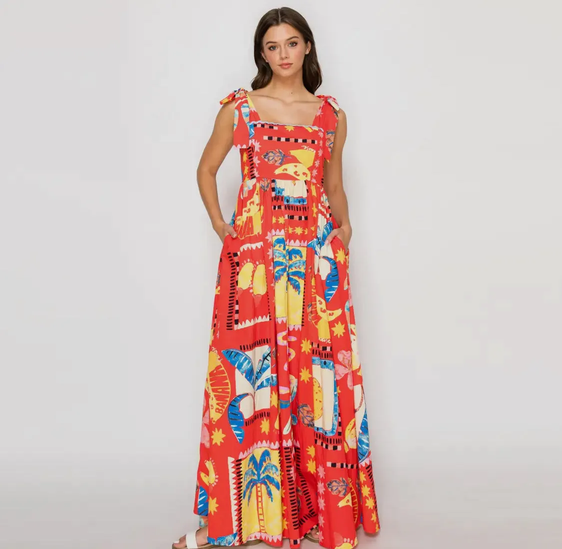 Red Tropical Maxi Dress