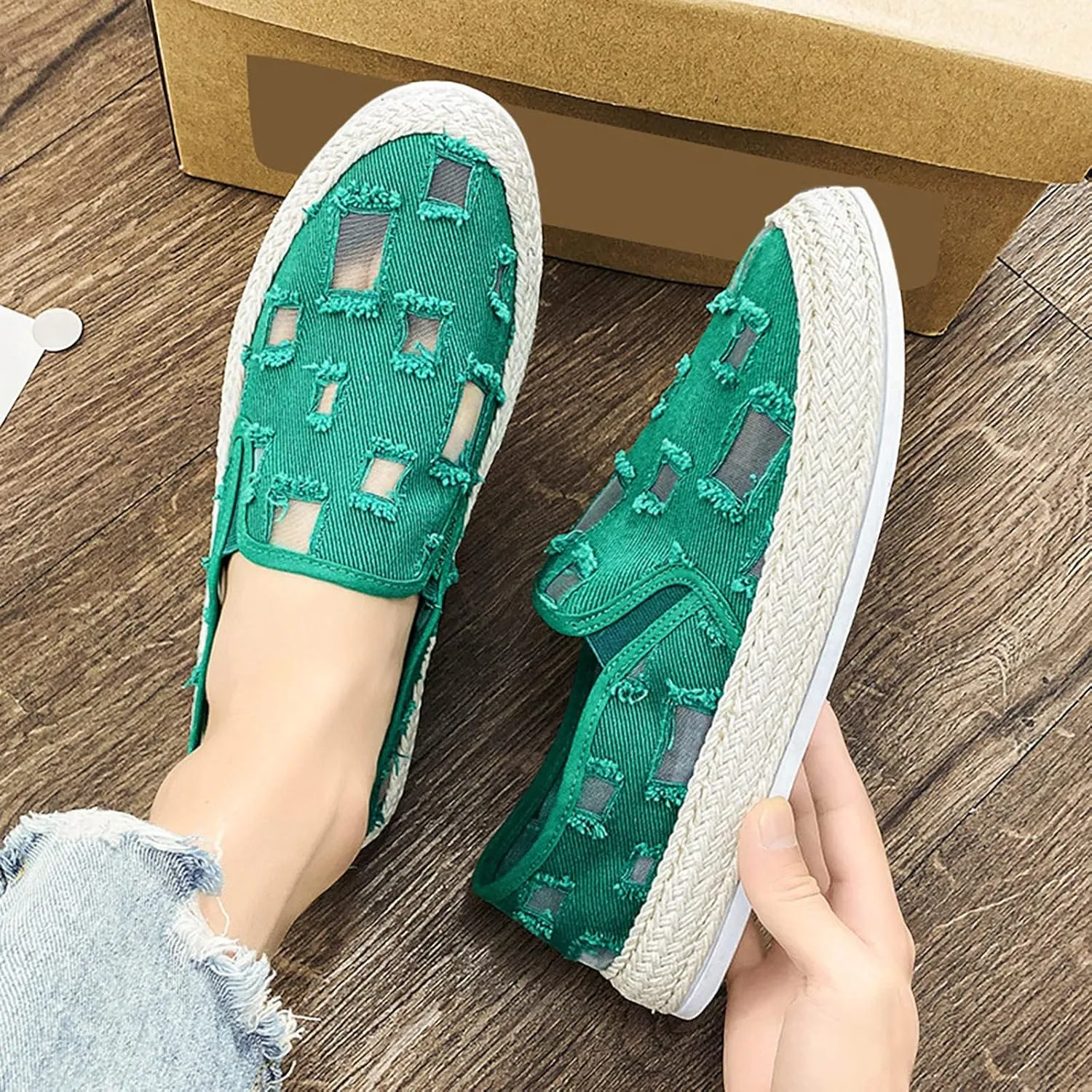 Slip on Walking Shoes for Men Ripped Denim Casual Dressy Memory Foam Breathable Lightweight Fashion Sneakers Non Slip Arch Support Cushioning Training Gym Shoes Wide Width
