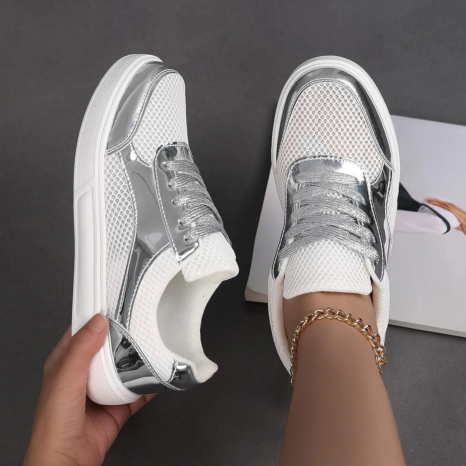 Slip on Walking Shoes Women Dressy PU Leather Non Slip Comfortable Running Shoes Breathable Mesh Sports Workout Tennis Shoes Lightweight Fashion Sneakers