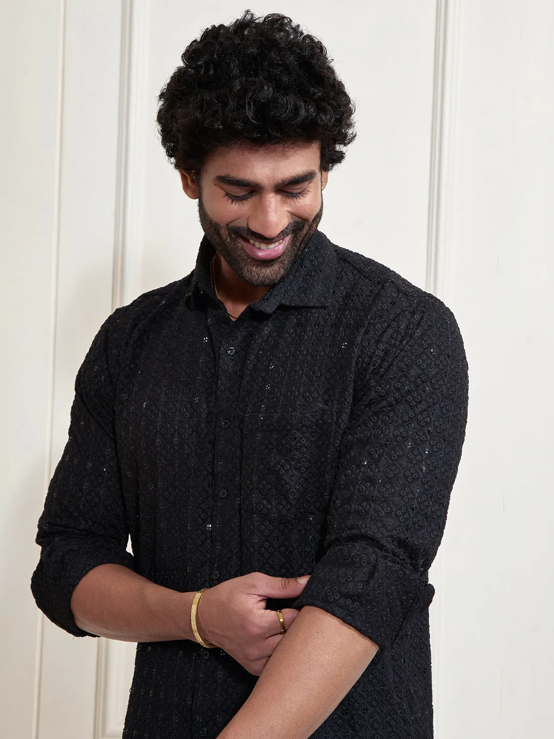 VASTRAMAY Men's Black Rayon Embellished Shirt