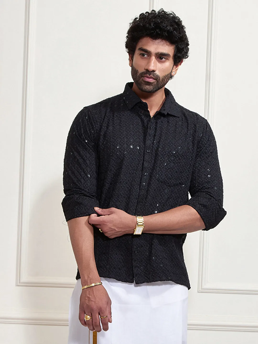 VASTRAMAY Men's Black Rayon Embellished Shirt