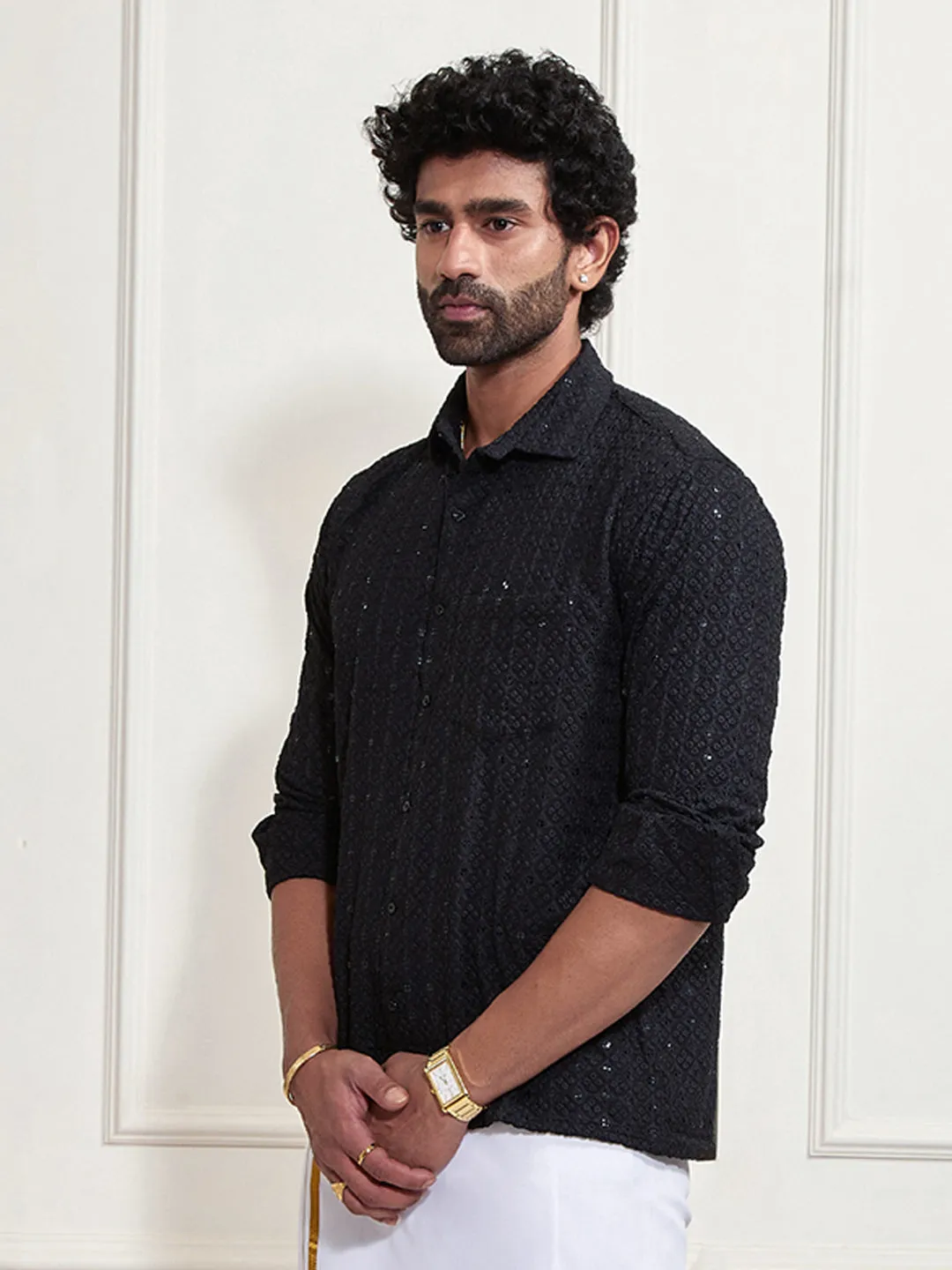 VASTRAMAY Men's Black Rayon Embellished Shirt