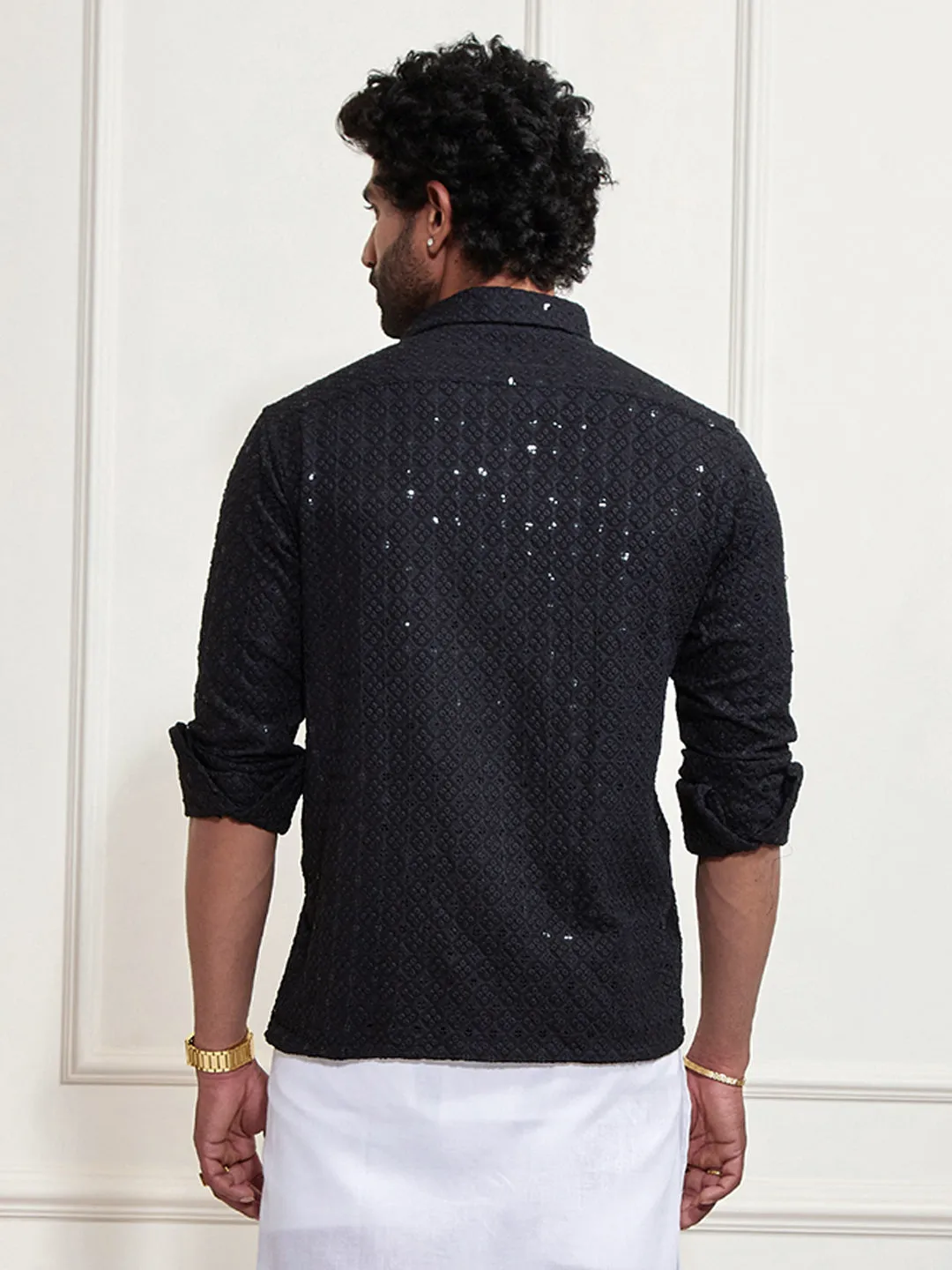 VASTRAMAY Men's Black Rayon Embellished Shirt