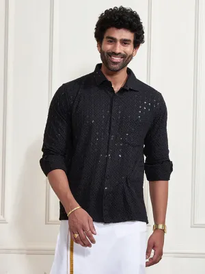 VASTRAMAY Men's Black Rayon Embellished Shirt
