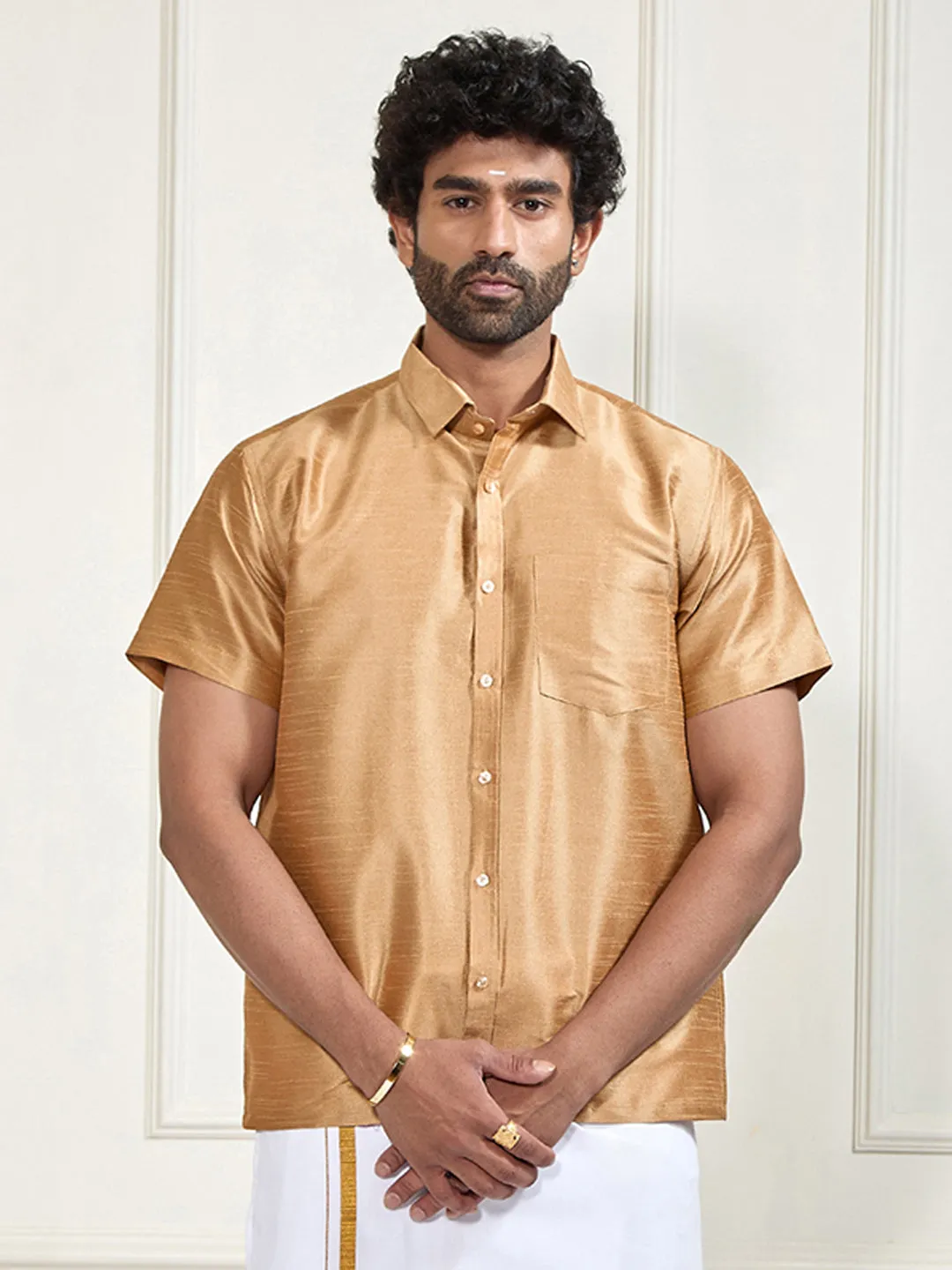 VASTRAMAY Men's Gold Silk Blend Ethnic Shirt
