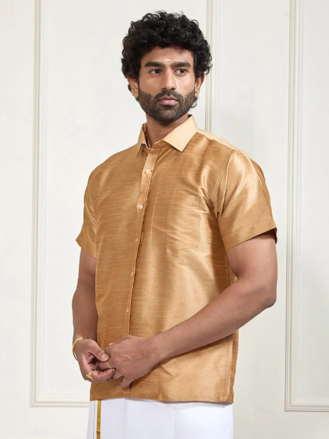 VASTRAMAY Men's Gold Silk Blend Ethnic Shirt