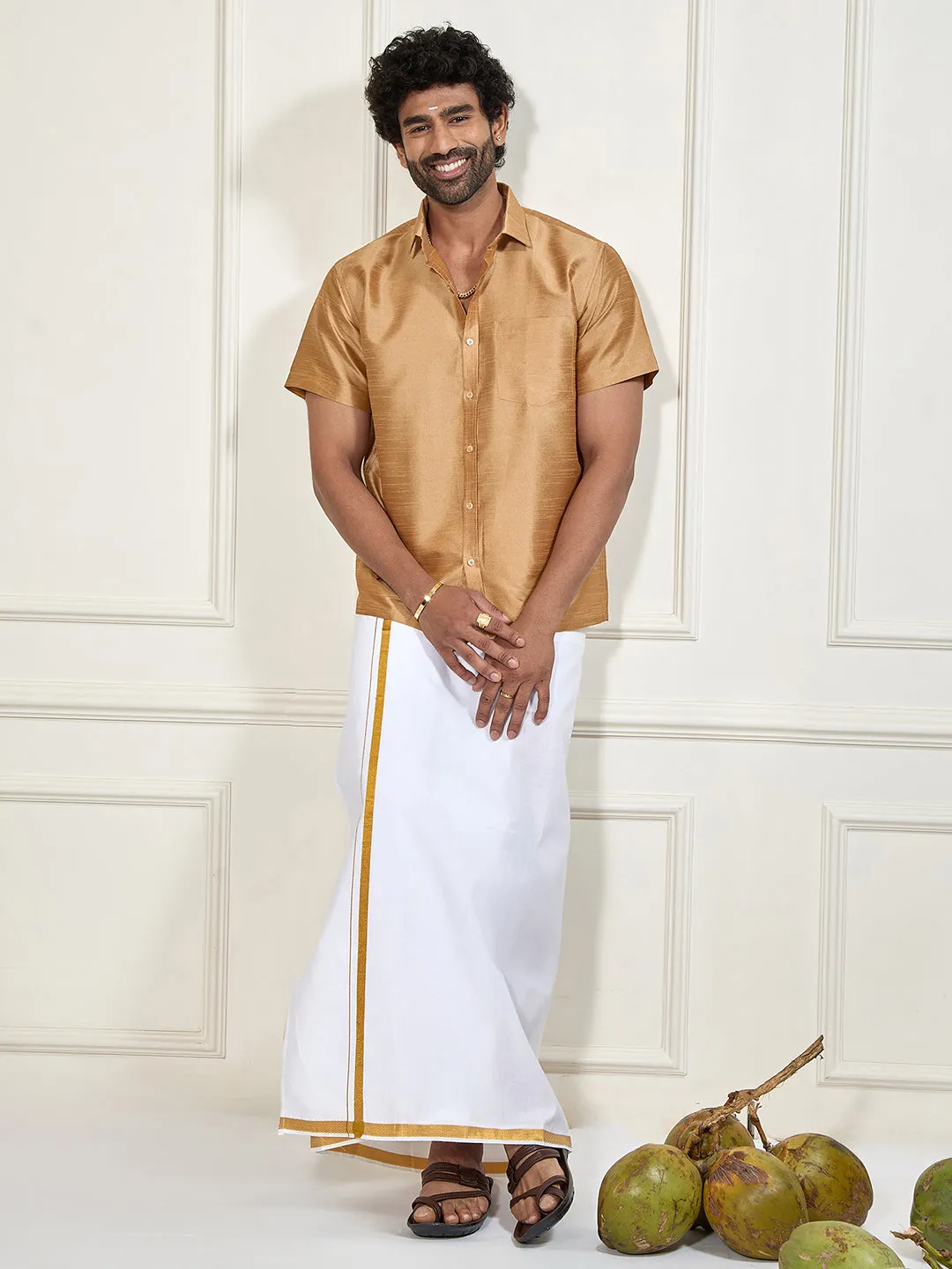 VASTRAMAY Men's Gold Silk Blend Ethnic Shirt