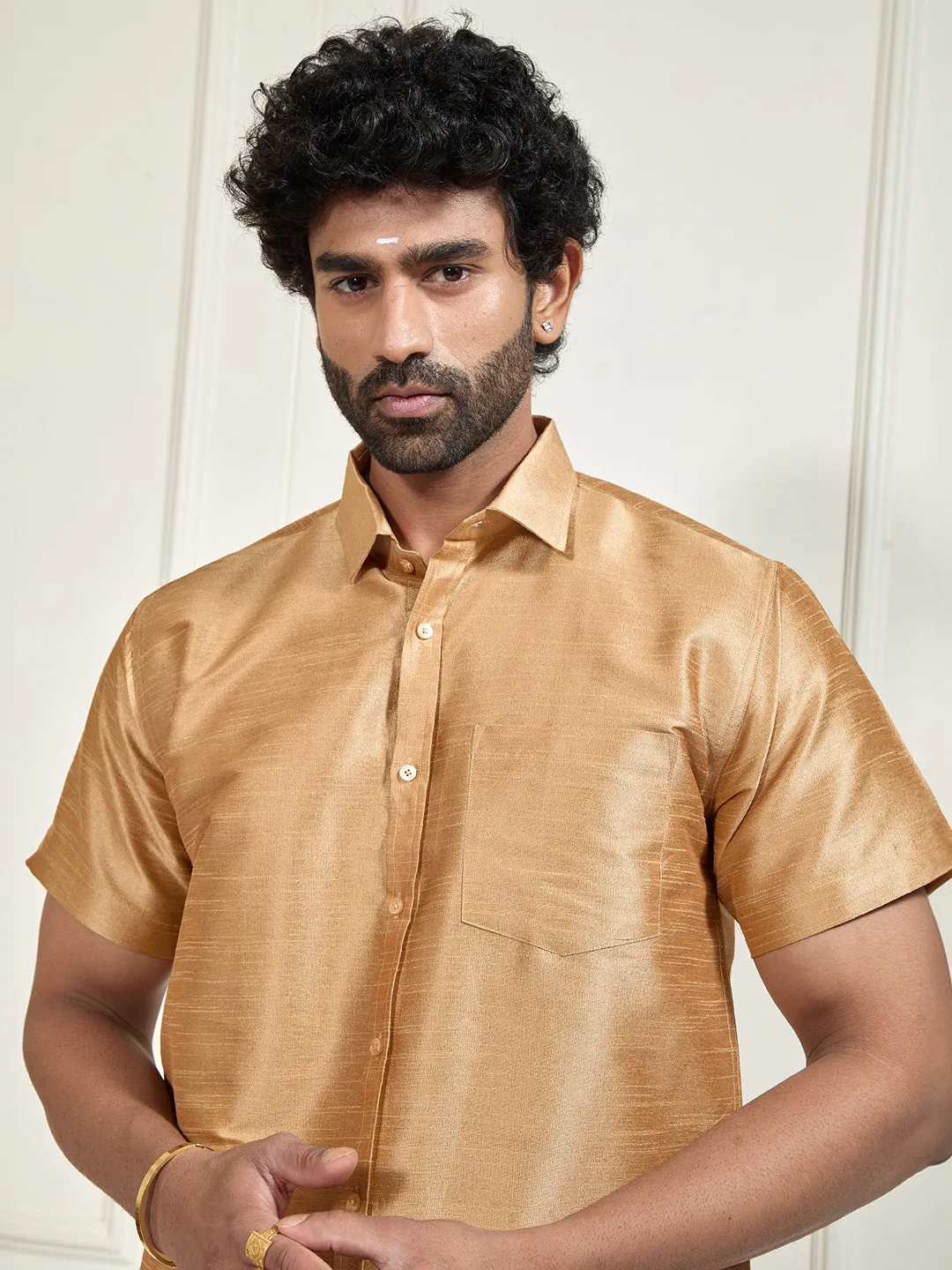 VASTRAMAY Men's Gold Silk Blend Ethnic Shirt