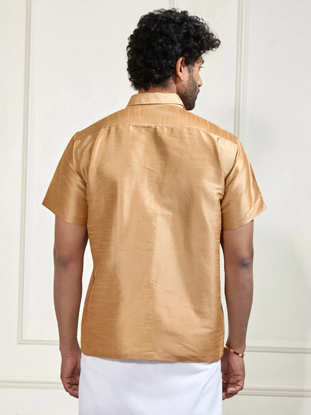 VASTRAMAY Men's Gold Silk Blend Ethnic Shirt