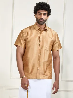 VASTRAMAY Men's Gold Silk Blend Ethnic Shirt