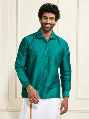 VASTRAMAY Men's Green Silk Blend Ethnic Shirt