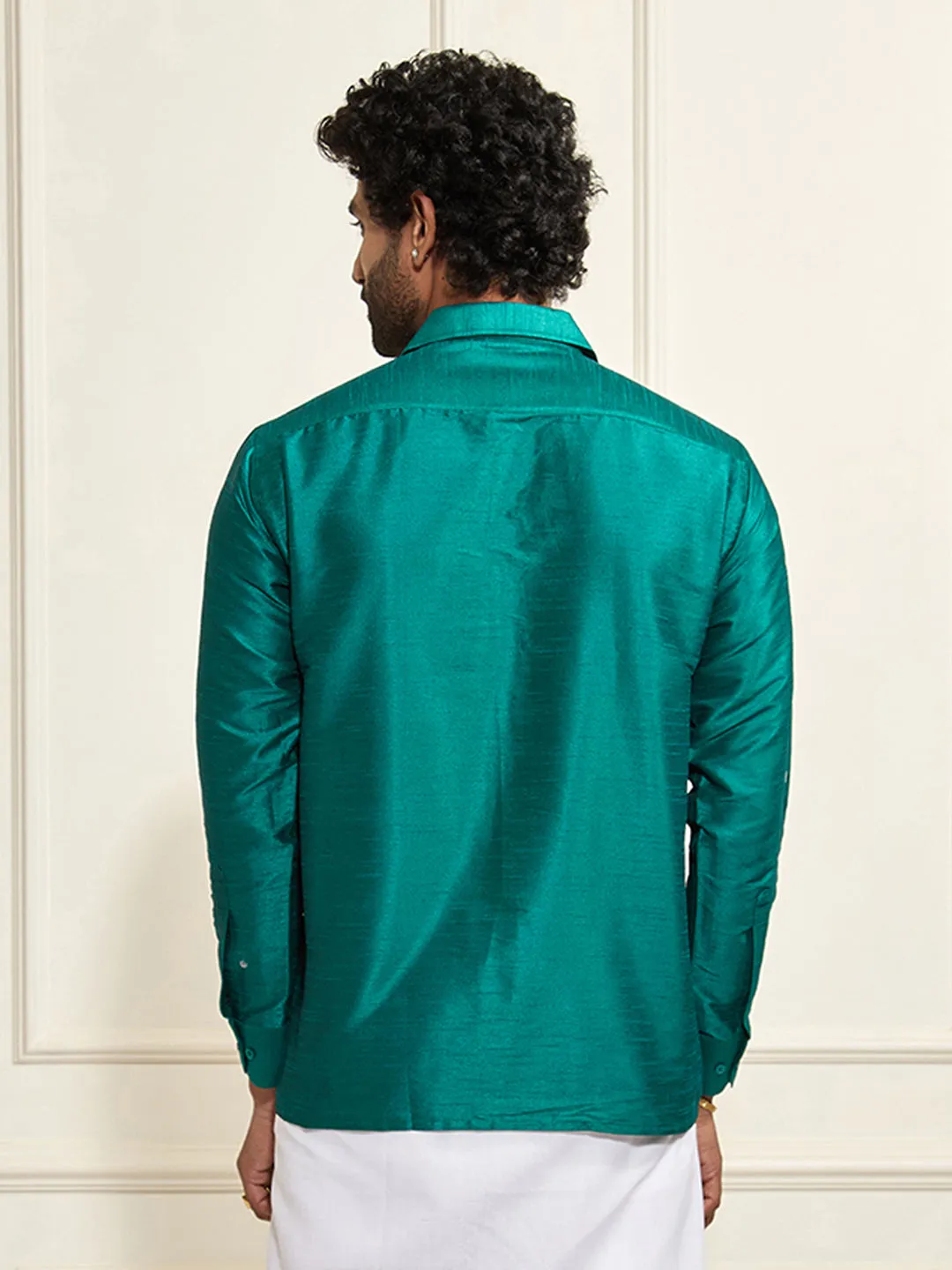 VASTRAMAY Men's Green Silk Blend Ethnic Shirt